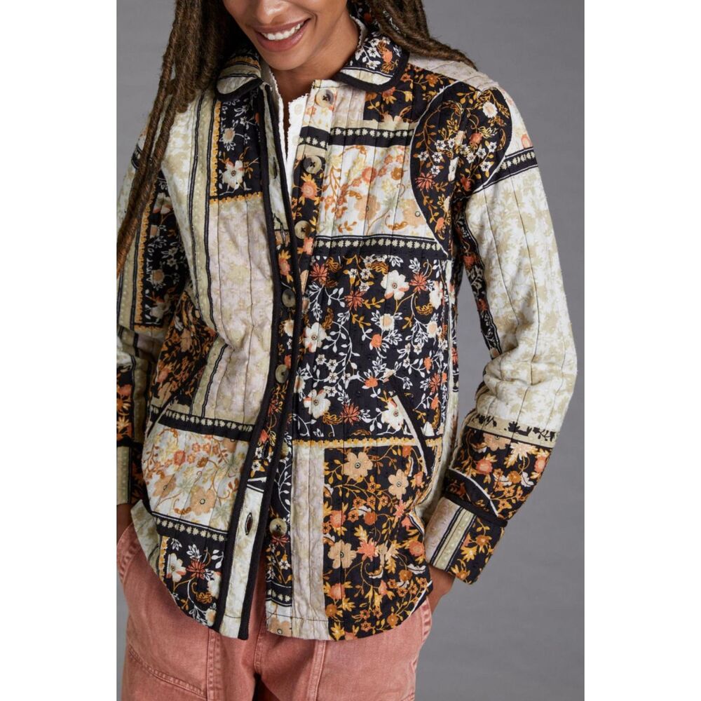 Anthropologie Patchwork Quilted Shirt Jacket Floral Cream Size XS Extra Small